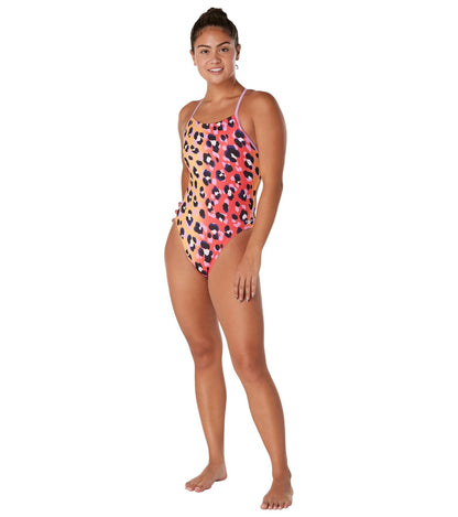  Speedo Women's Printed Double Lace Back One Piece Swimsuit